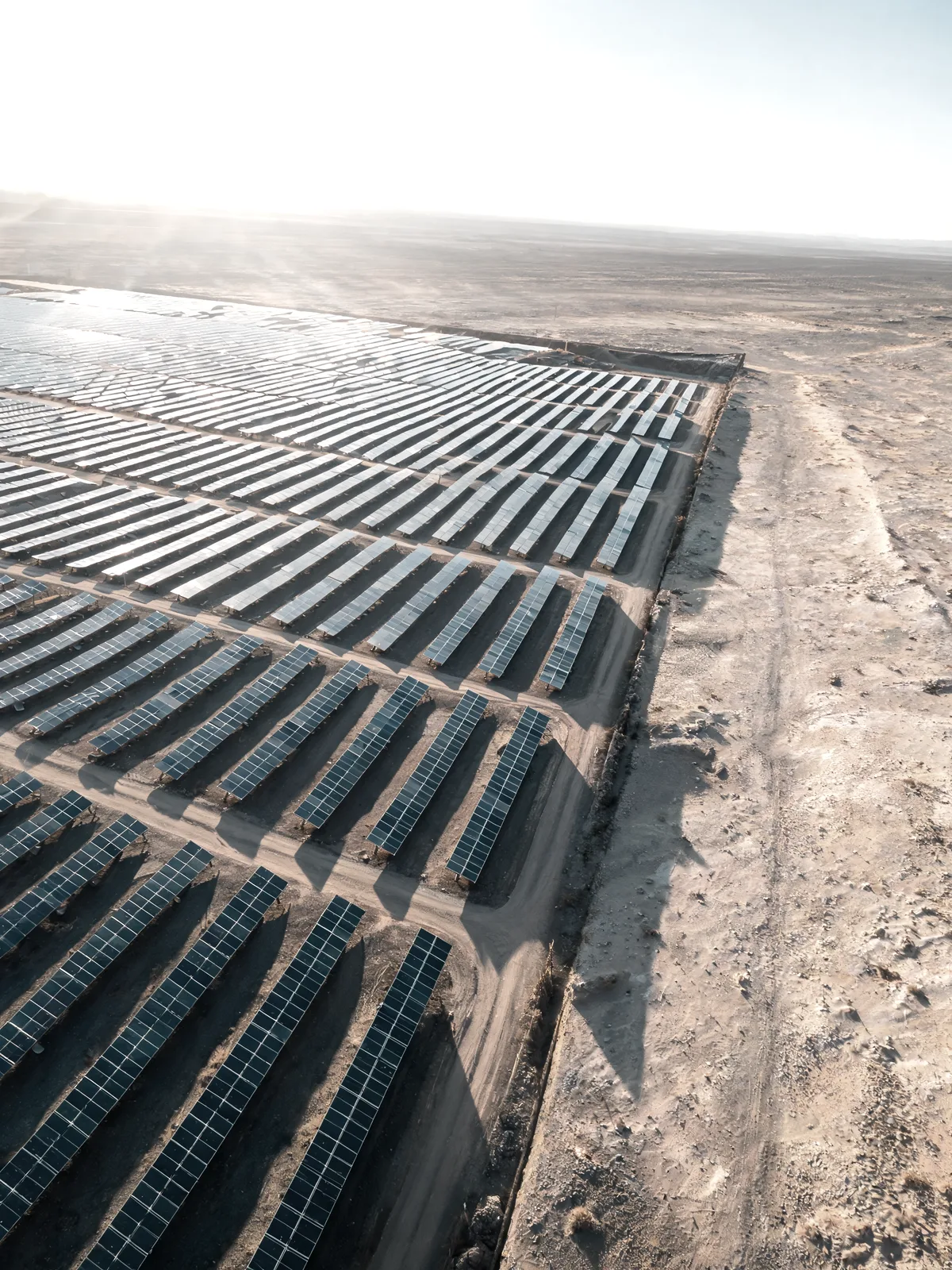 Planta solar fotovoltaica vista desde el aire, junto al terreno sin intervenir.